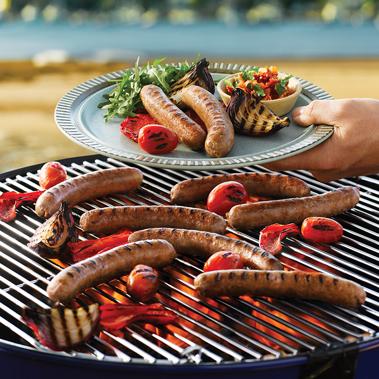Barbecued sausages with capsicum and tomato salsa