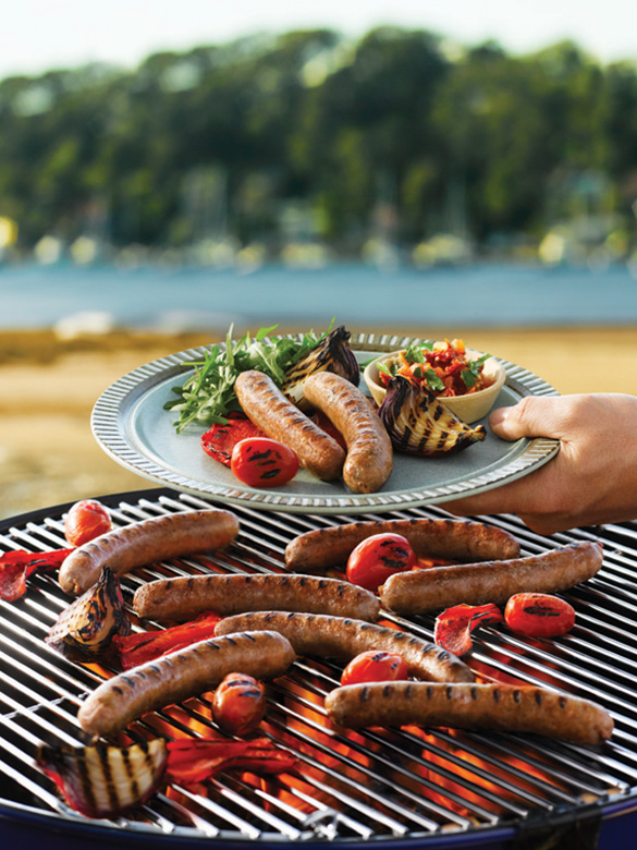 Barbecued sausages with capsicum and tomato salsa