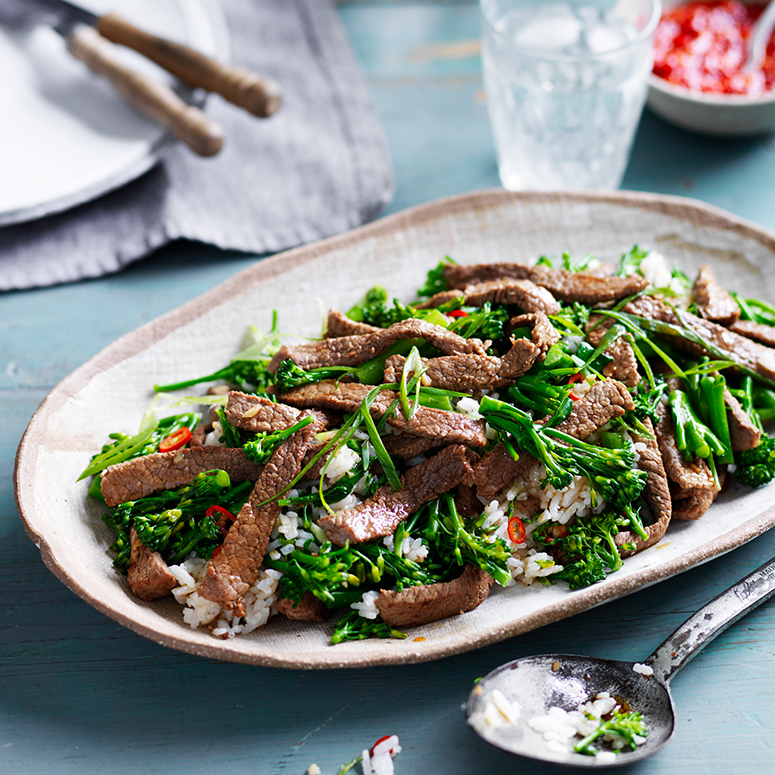 Beef, broccolini and chilli fried rice