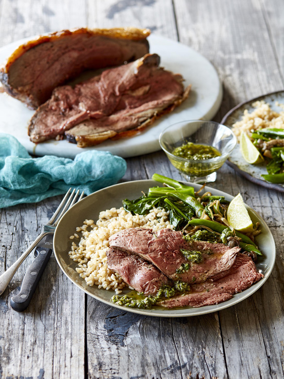 Rump roast with Asian salsa verde and stirfried vegetables recipe