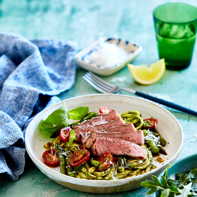 Beef striploin with pesto zucchini noodles