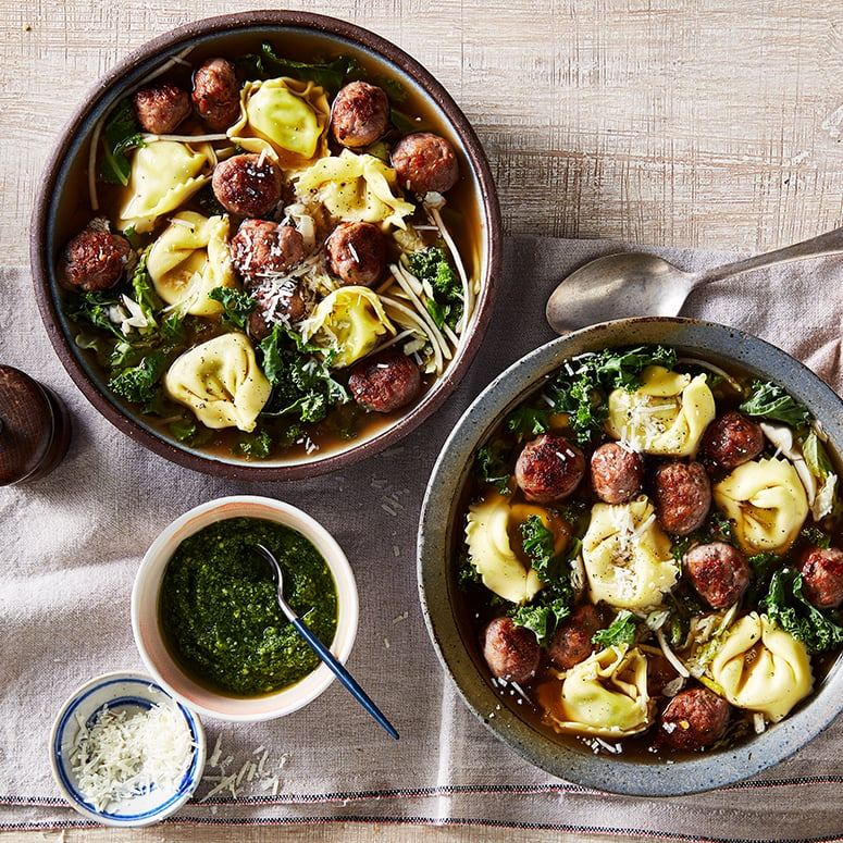 Meatball Tortellini Soup with Pesto