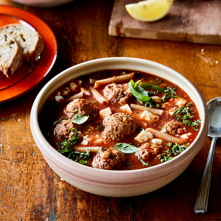 Meatball, bean and pasta soup