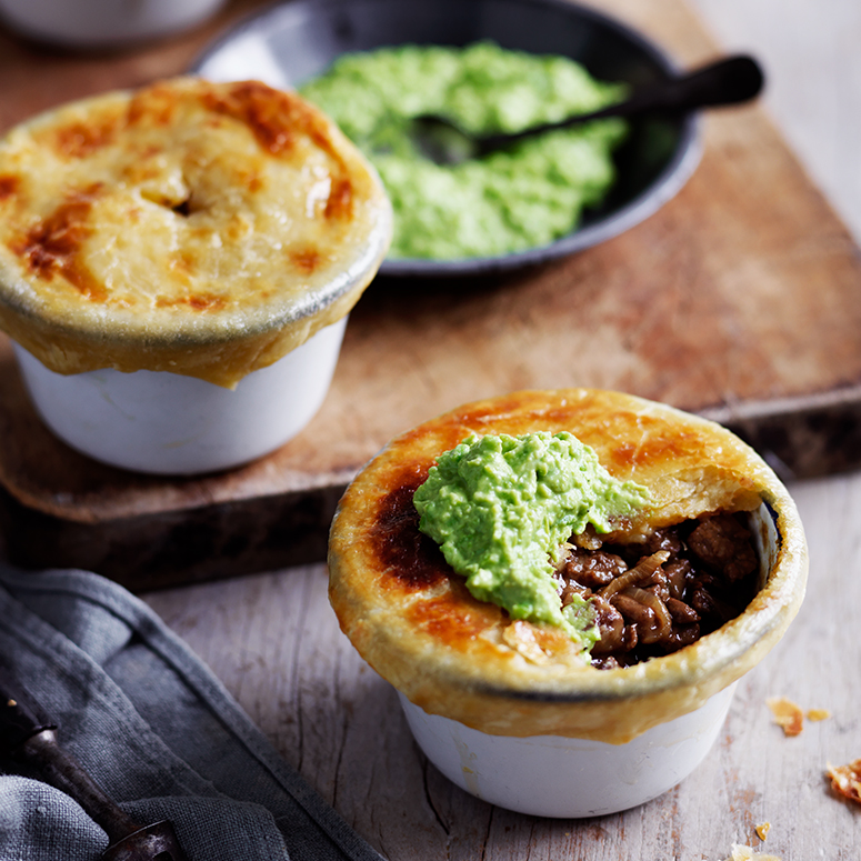 Little beef and onion pot pies with mushy peas