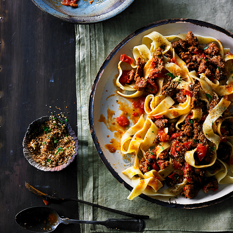 Beef sausage and tomato ragu with pappardelle
