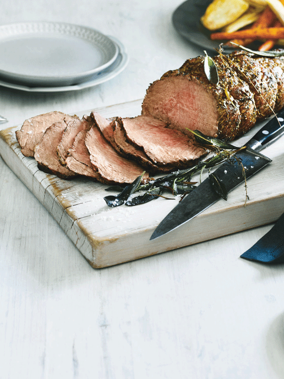 Roasted Beef Ribeye Seasoned with Thyme and Sage Leaves recipe