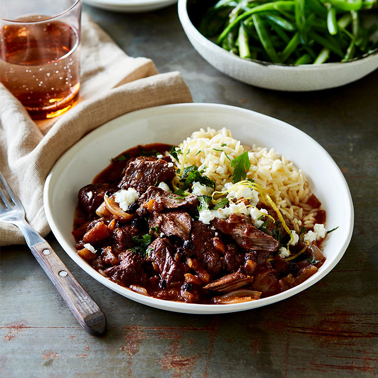 Beef stifado with greens and risoni