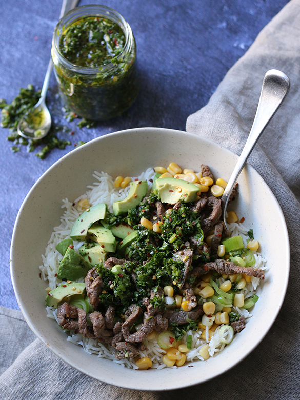 Flat Iron and avocado bowl with chimichurri sauce