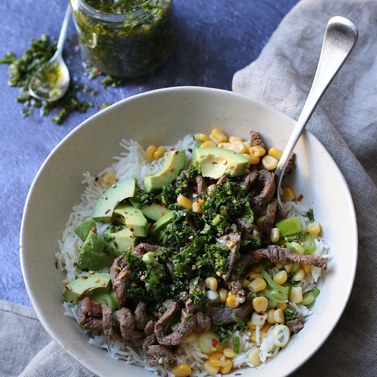 Flat Iron and avocado bowl with chimichurri sauce