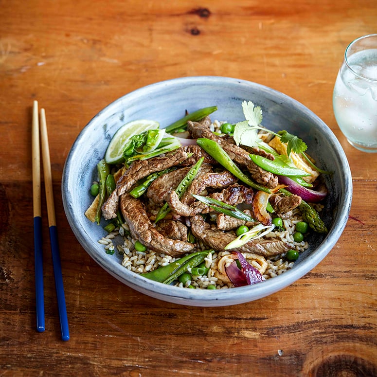 Beef and cabbage stir fry with easy fried rice