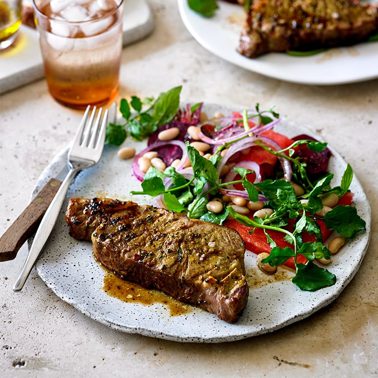 Lemon pepper sirloin steak with watermelon salad