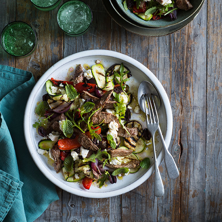 Mediterranean vegetable and beef strip salad