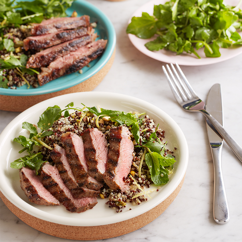 Grilled sirloin, quinoa and pistachio salad