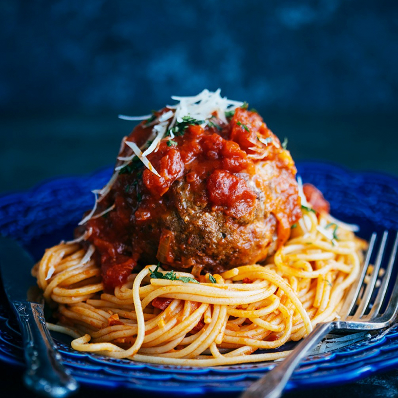 Billy Law’s Giant Cheesy Meatball & Spaghetti
