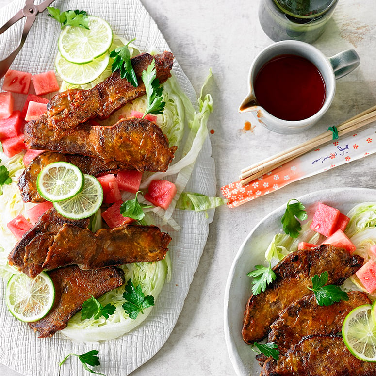 Sticky short ribs with watermelon and herb salad