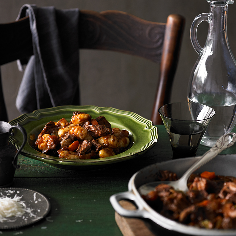 Gnocchi with gravy beef in a red wine sauce
