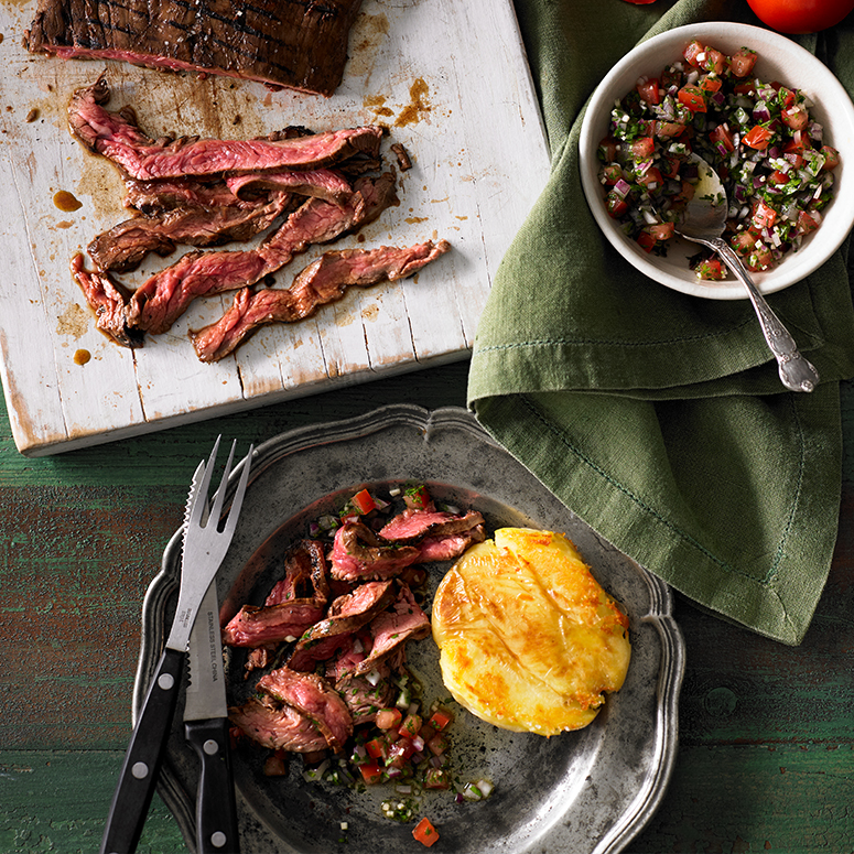 Flank steak with smashed potatoes and salsa