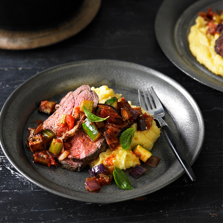 Roasted rump with eggplant and caponata sauce