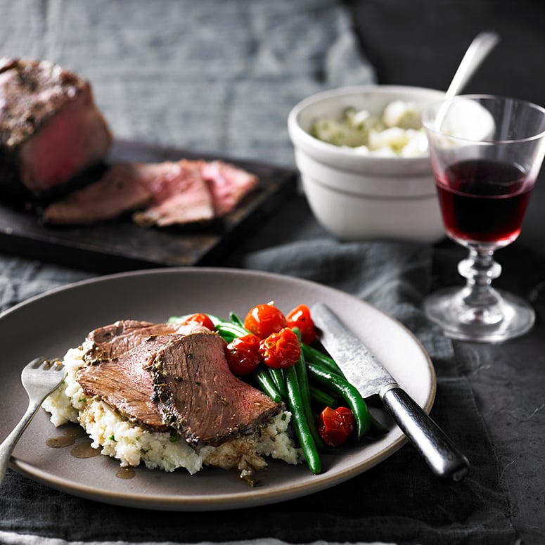 Herb and mustard roast beef with cauliflower mash