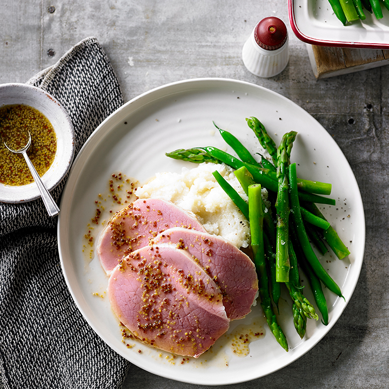 Corned beef with mandarin and seeded mustard