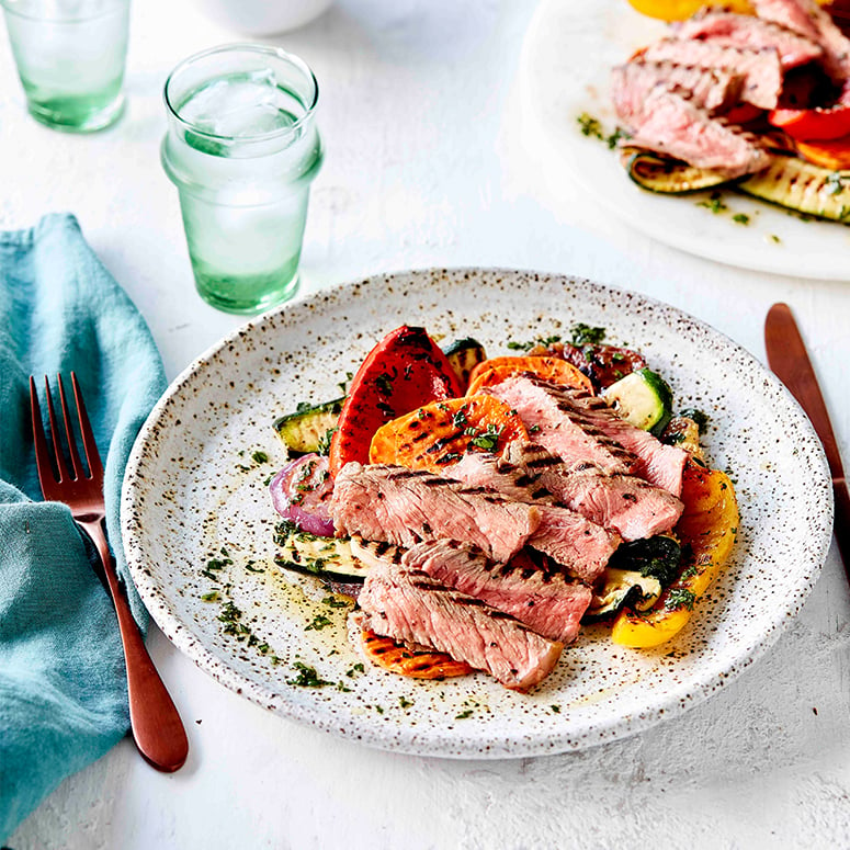 Tuscan beef steaks with char-grilled vegetables