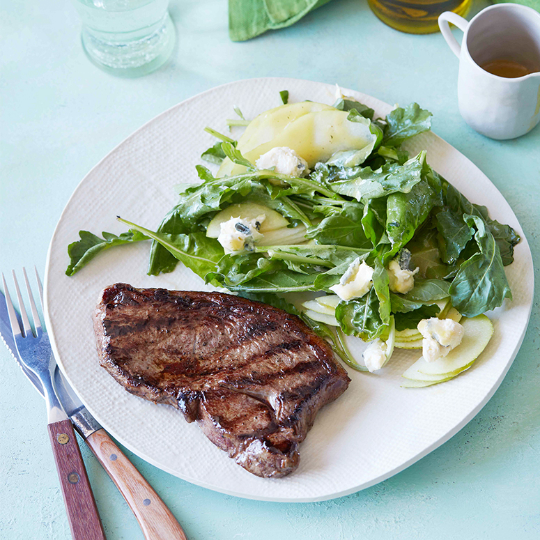 Barbecued rump steak with pear & blue cheese salad