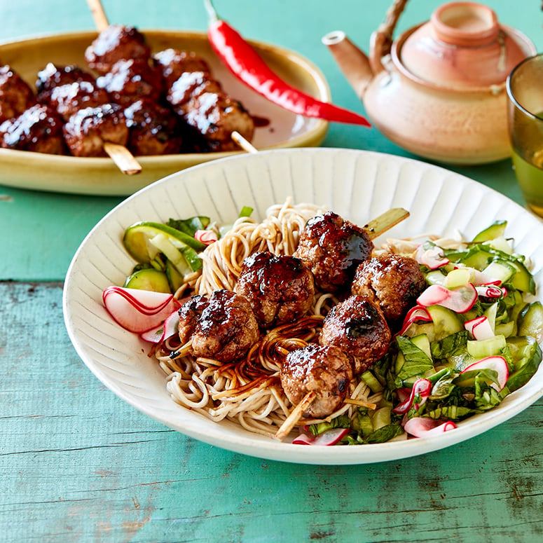 Japanese glazed meatballs with pickled vegetables