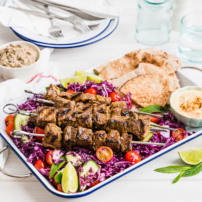 Moroccan Kebabs with Red Cabbage Slaw