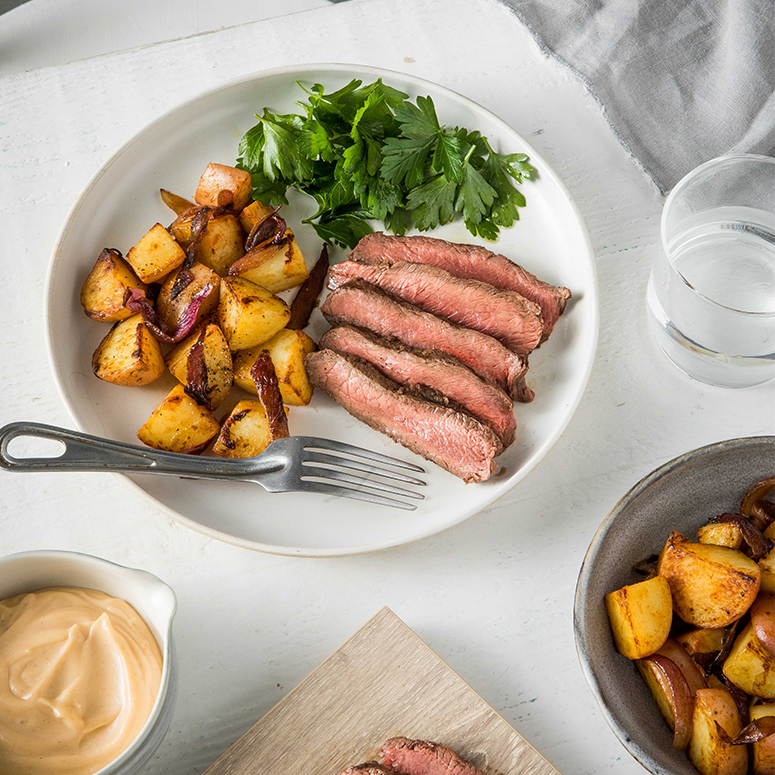 Grilled Flat Iron with crispy spuds by Andy Allen