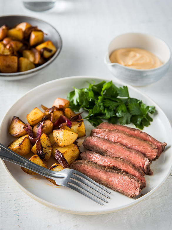 Grilled Flat Iron with crispy spuds and chipotle mayo by Andy Allen