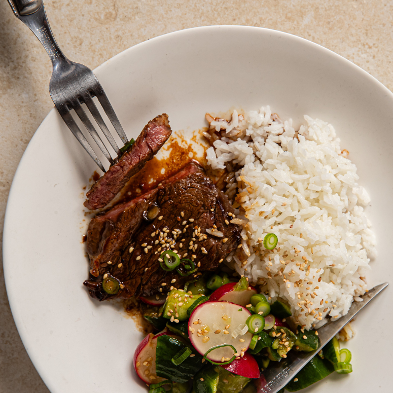 Sweet Soy Minute Steaks with Radish & Sesame Salad
