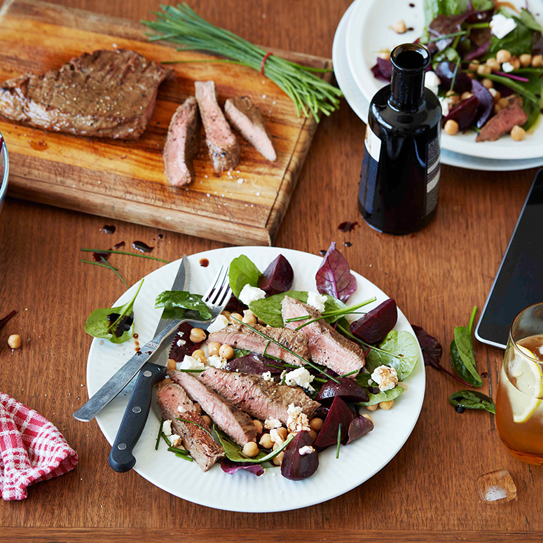 Barbecued beef, beetroot and chickpea salad