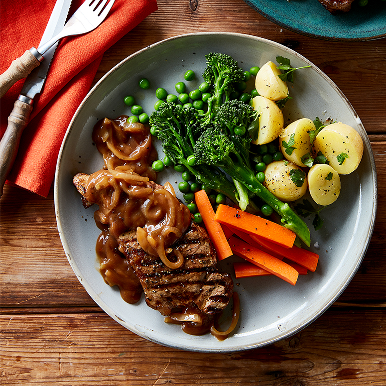 Porterhouse steaks with onion gravy