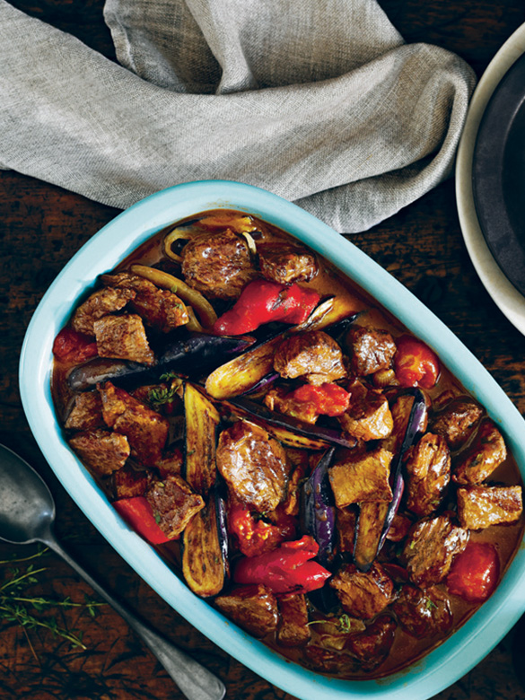One-pot beef casserole with roasted eggplant