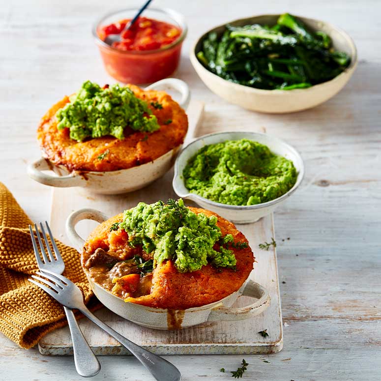 Moroccan Beef Pies with Mushy Peas