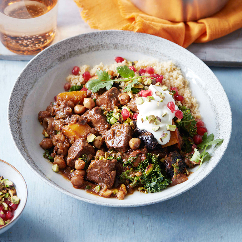 Festive pistachio and pomegranate beef tagine