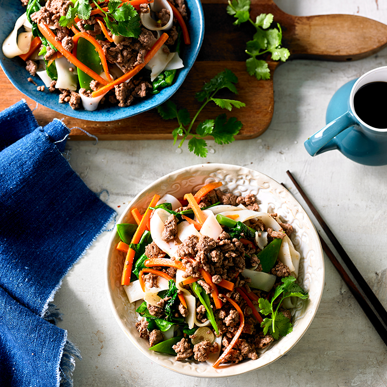 Beef and rice noodle stir-fry