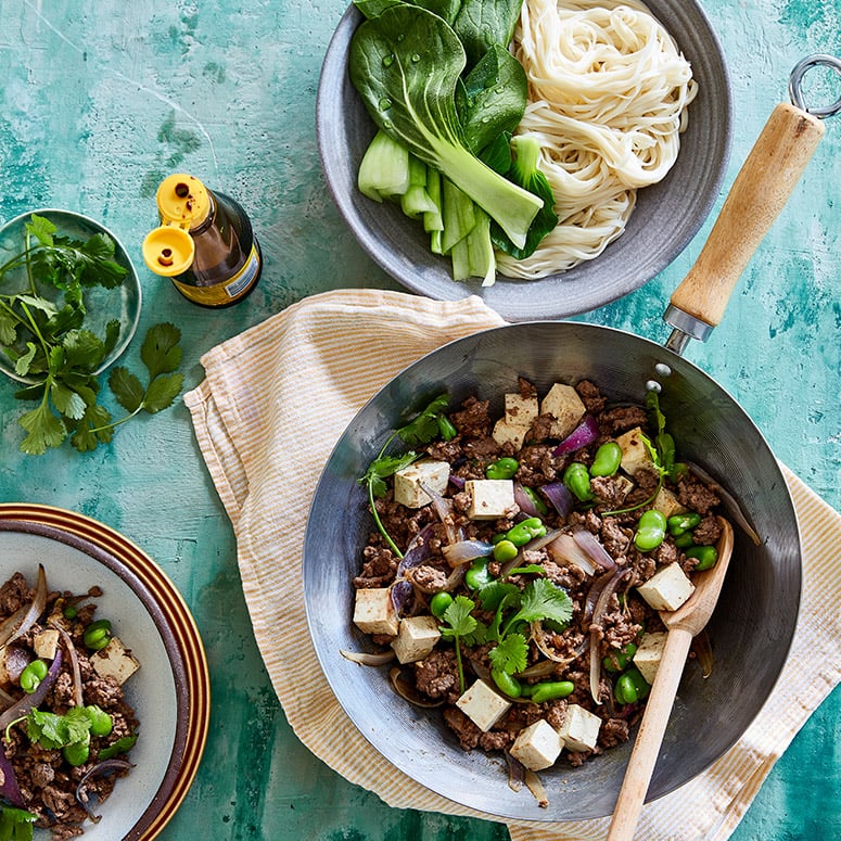 Beef mince bowl with Asian  greens