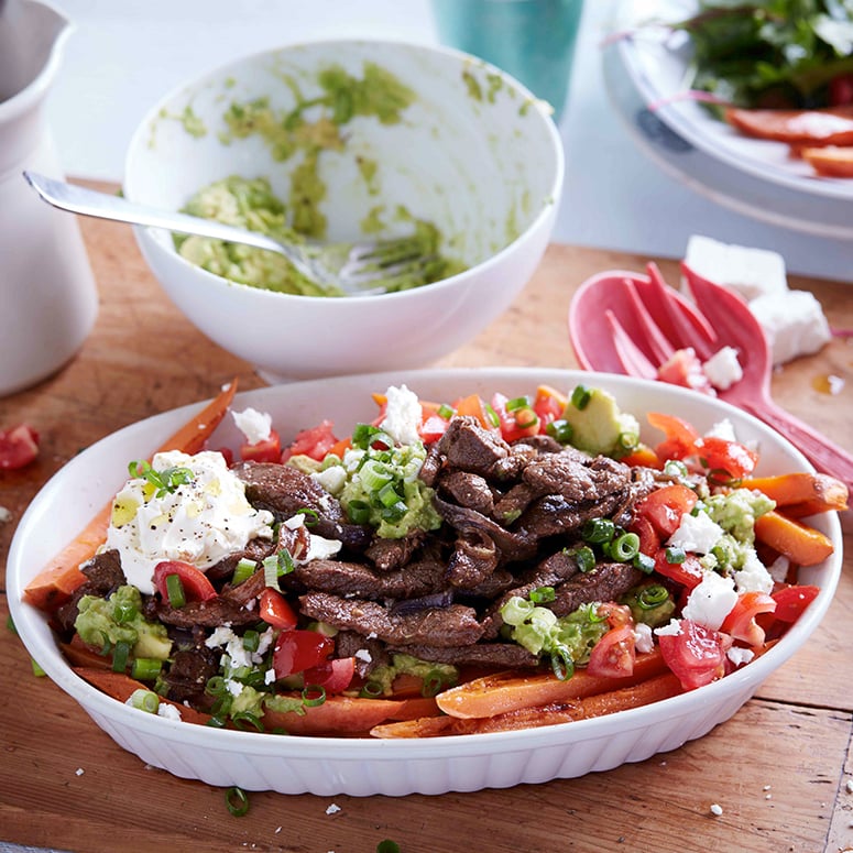 Loaded sweet potato fries with rump strips