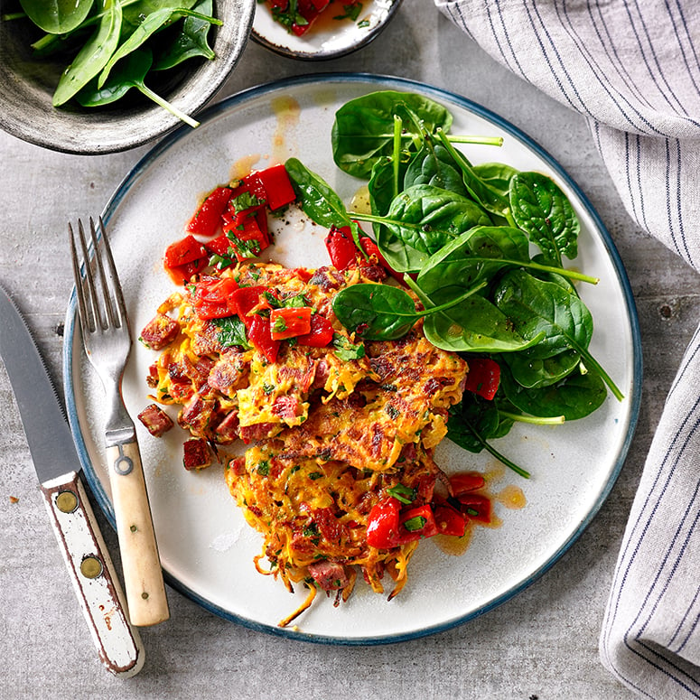 Shredded beef, sweet potato fritters and relish