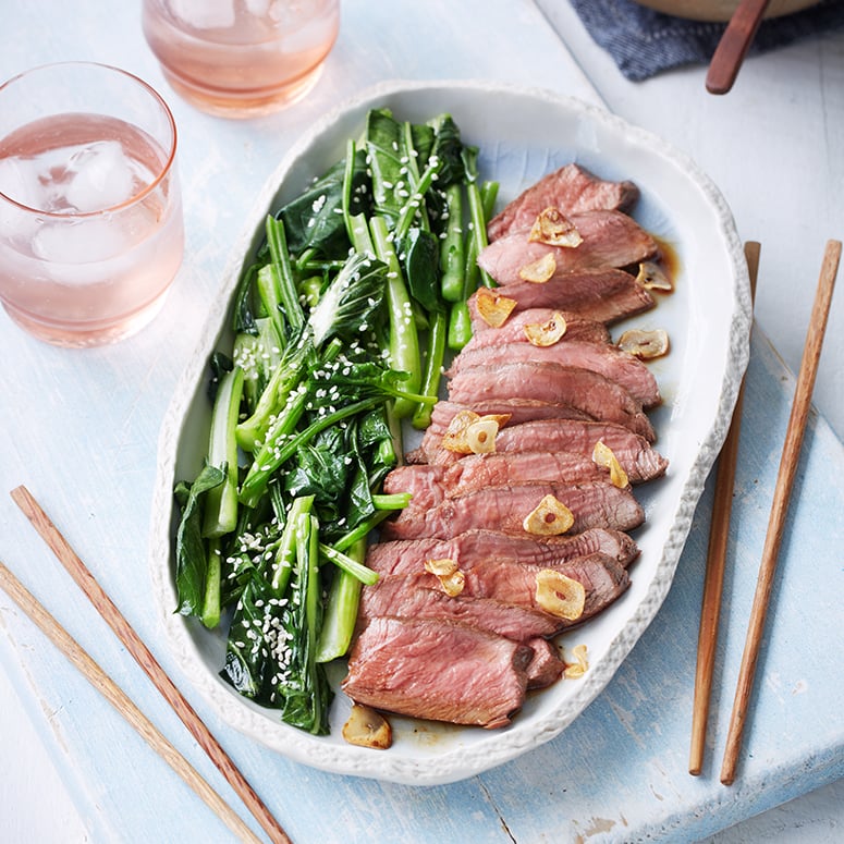 Teriyaki steak with buttered Asian greens