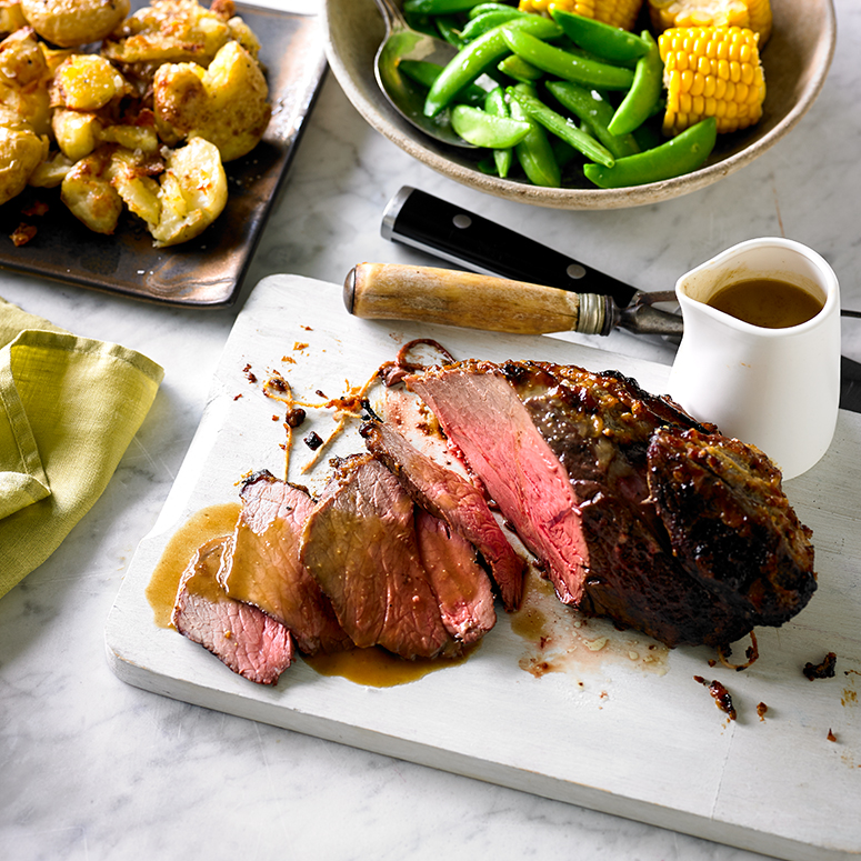 Miso rump roast with gravy and crushed potatoes