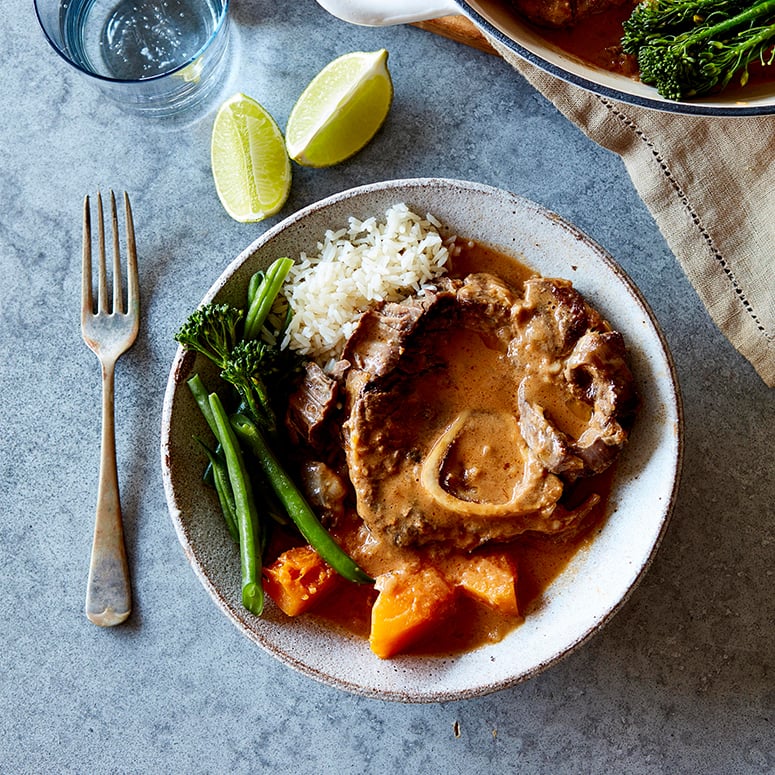 Beef shin red curry with pumpkin and eggplant