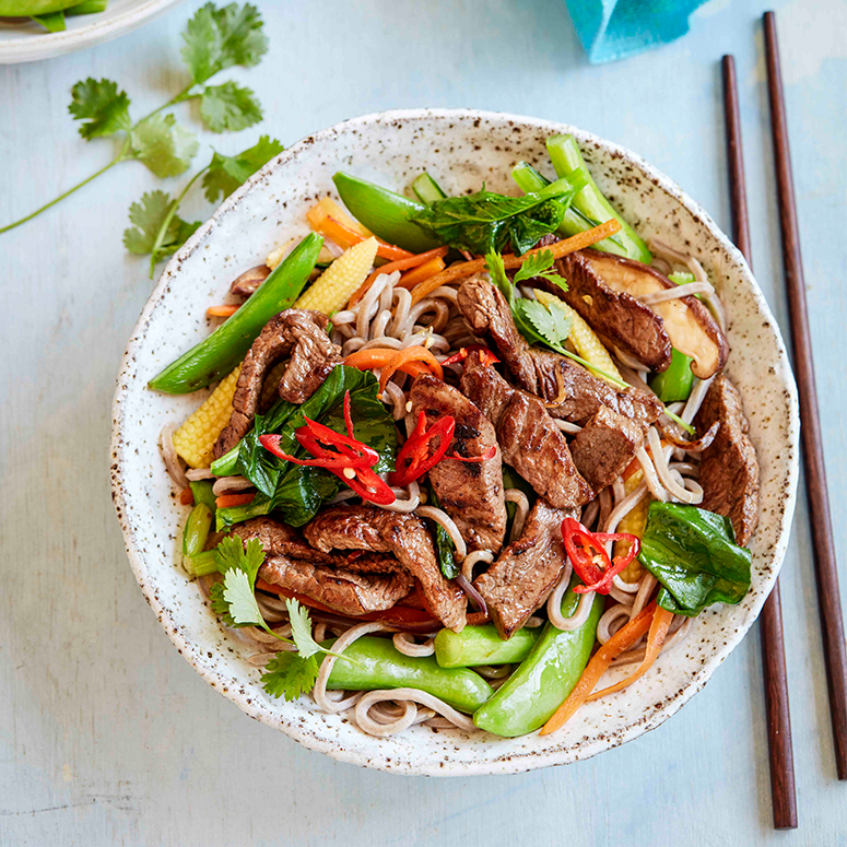 Beef, veggie and soba noodle stir-fry