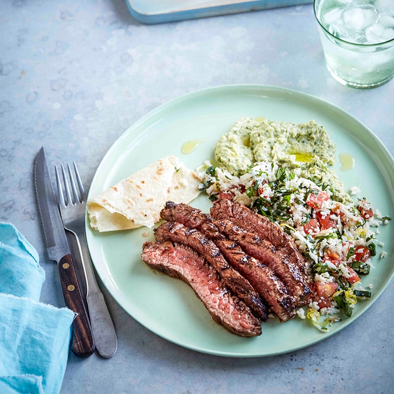 Spiced beef flank with cauliflower tabouli