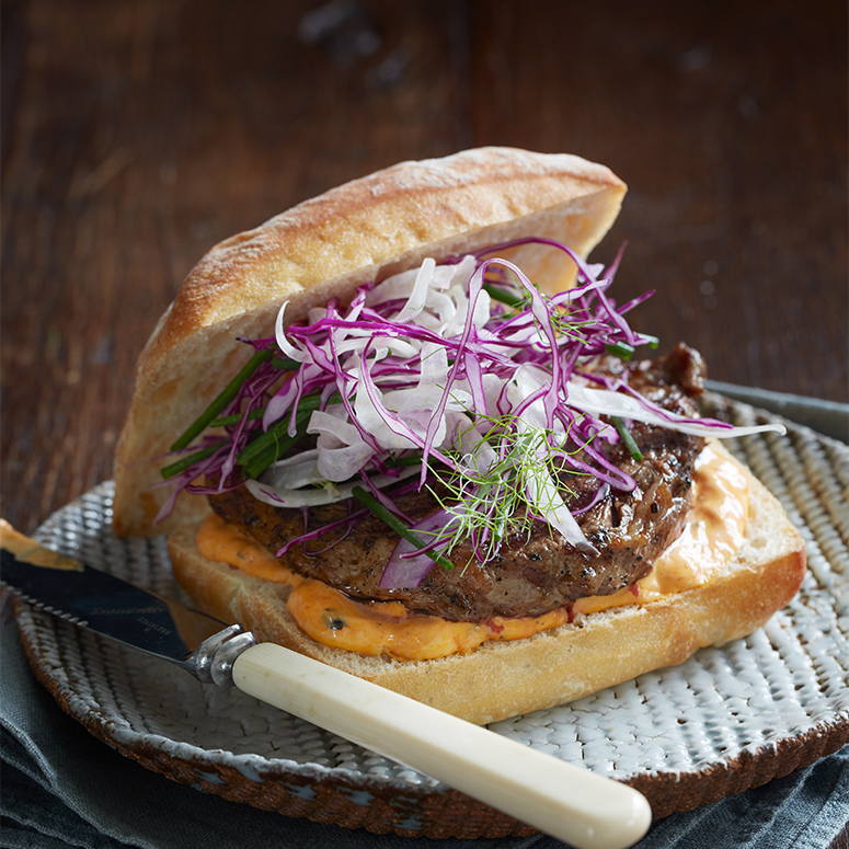 Cajun steak roll, mayonnaise and fennel slaw