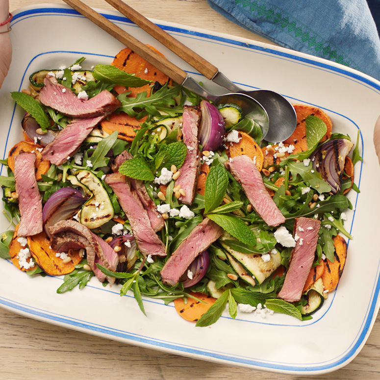 Grilled sirloin and char-grilled vegetable salad