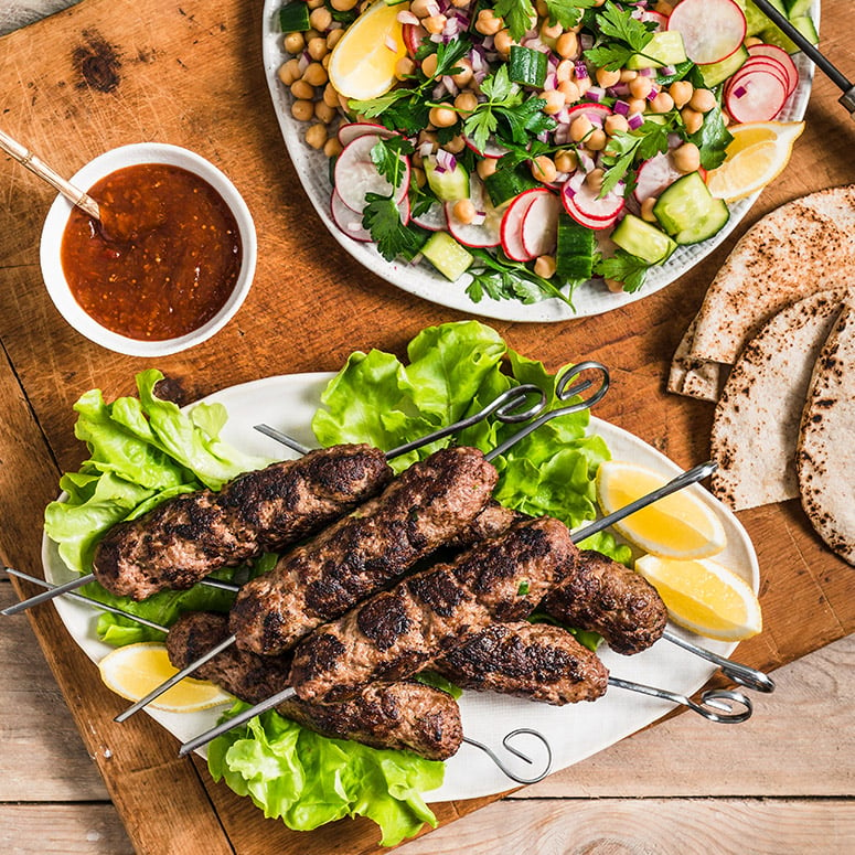 Barbecue Beef Koftas & Warm Chickpea Salad