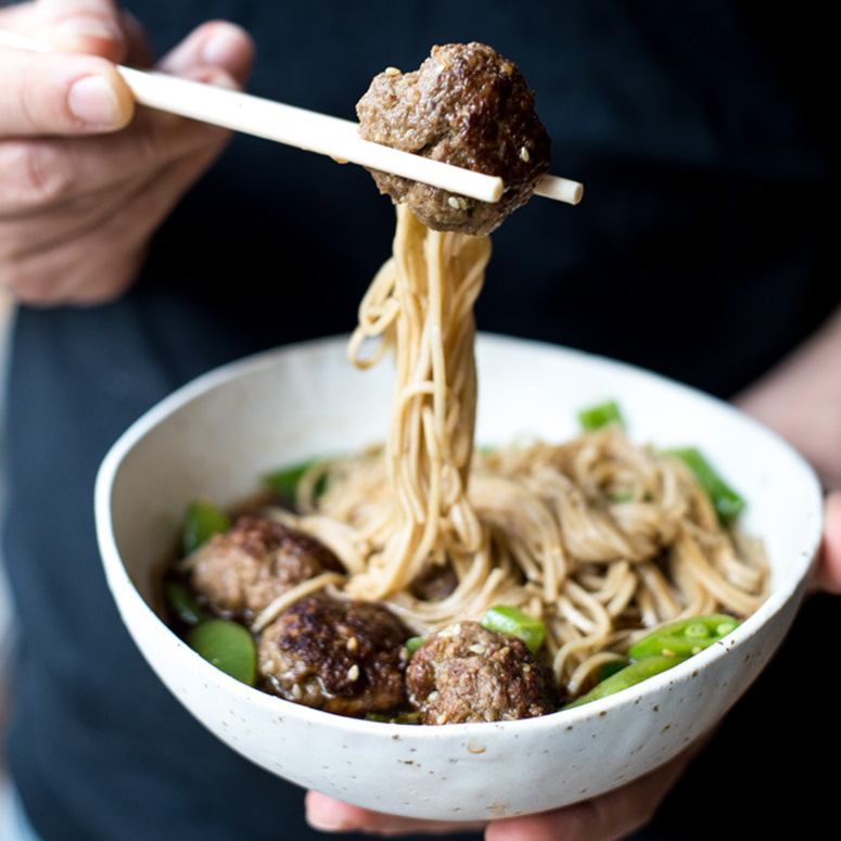 Beef meatball and soba noodle soup