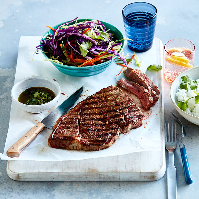 Rump steak with coriander sauce and Asian slaw